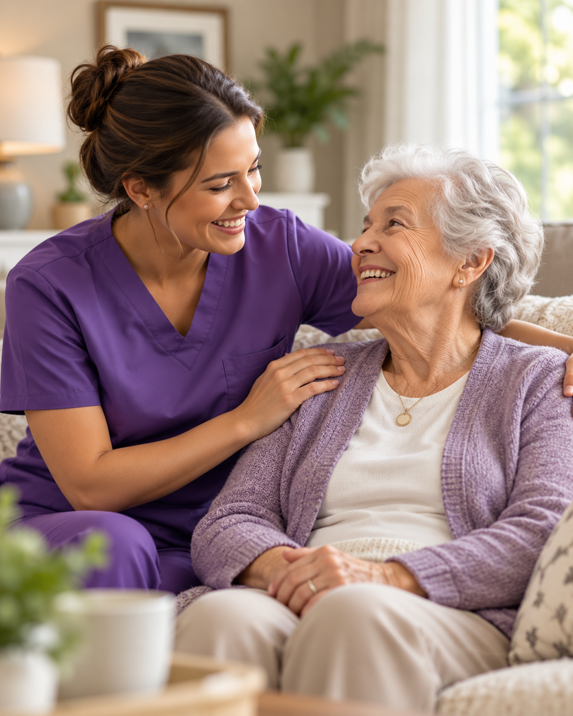 A caregiver and senior sharing a smile at home
